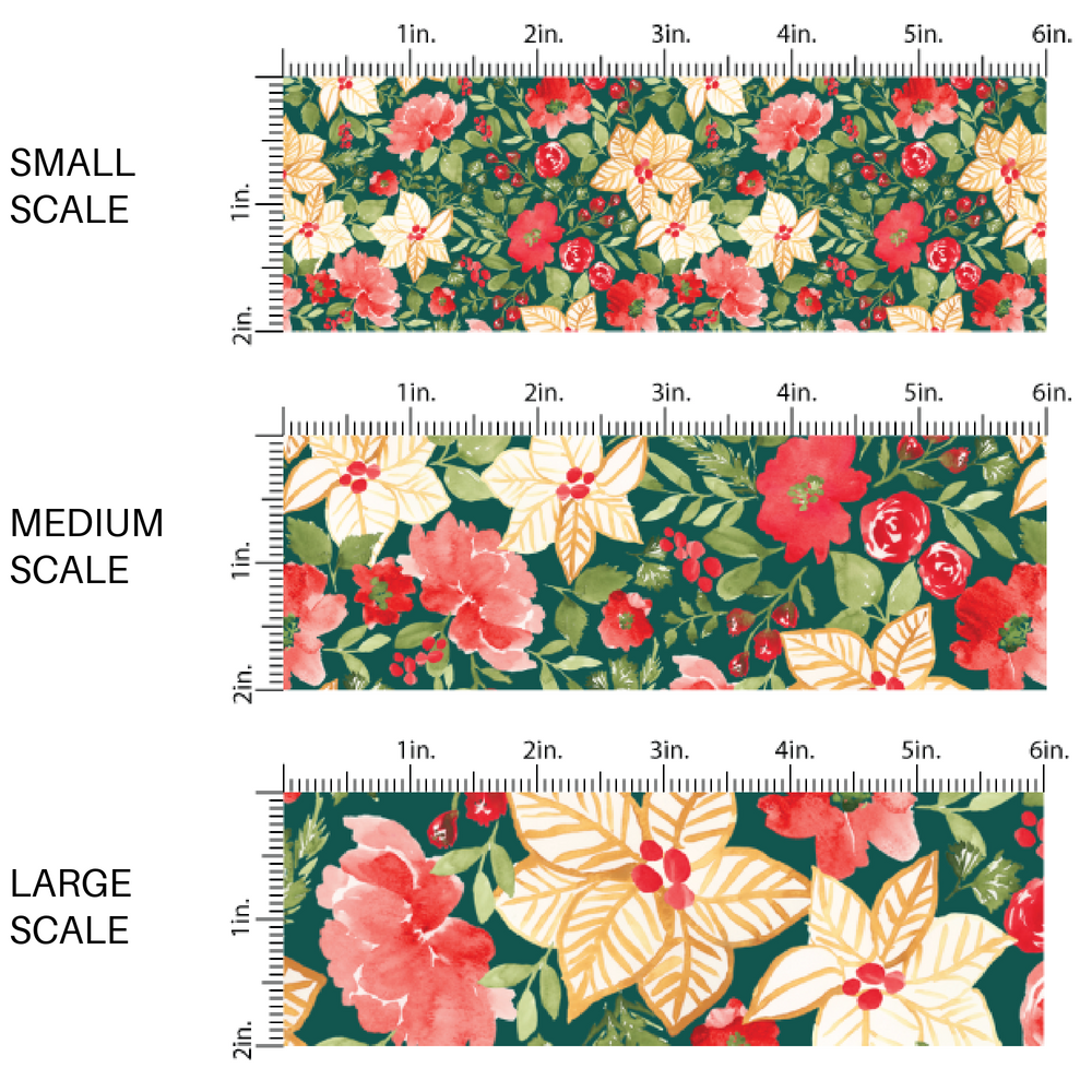 These holiday pattern themed fabric by the yard features red and ivory colored Christmas flowers on green. This fun Christmas fabric can be used for all your sewing and crafting needs!