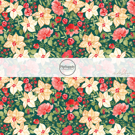 These holiday pattern themed fabric by the yard features red and ivory colored Christmas flowers on green. This fun Christmas fabric can be used for all your sewing and crafting needs!