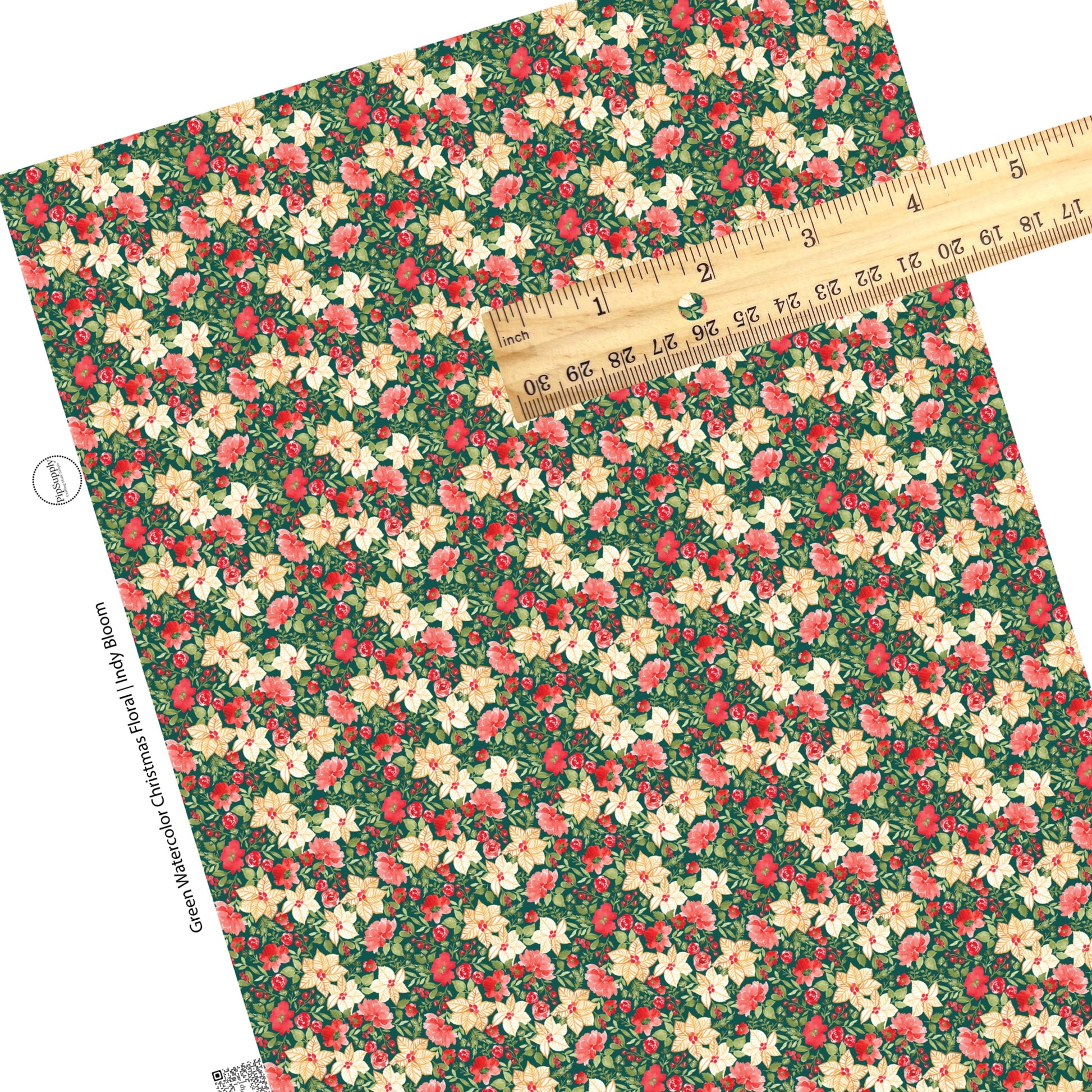 These holiday themed faux leather sheets contain the following design elements: red and ivory colored Christmas flowers on green. Our CPSIA compliant faux leather sheets or rolls can be used for all types of crafting projects.