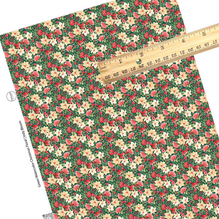 These holiday themed faux leather sheets contain the following design elements: red and ivory colored Christmas flowers on green. Our CPSIA compliant faux leather sheets or rolls can be used for all types of crafting projects.