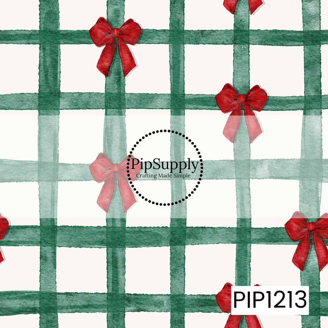 A watercolor Christmas plaid featuring deep evergreen grid lines on a soft cream background, accented with classic red bows throughout. The hand-painted texture gives the design a cozy, traditional holiday feel.
