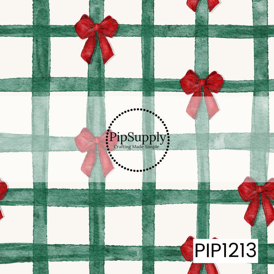 A watercolor Christmas plaid featuring deep evergreen grid lines on a soft cream background, accented with classic red bows throughout. The hand-painted texture gives the design a cozy, traditional holiday feel.
