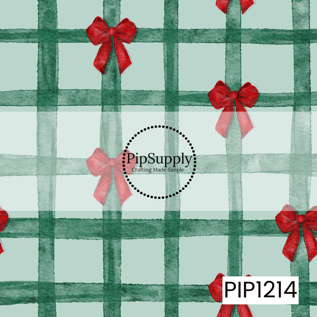 A watercolor Christmas plaid featuring deep evergreen grid lines over a soft mint green background, accented with classic red bows throughout. The hand-painted texture gives it a cozy, festive holiday look.
