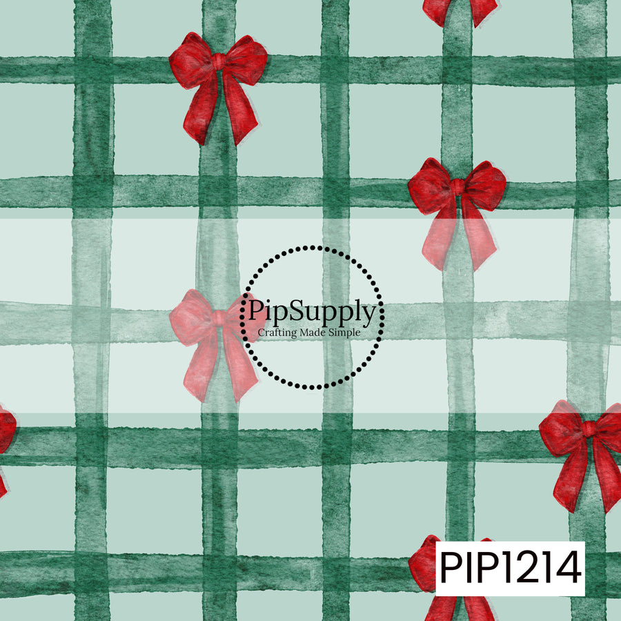 A watercolor Christmas plaid featuring deep evergreen grid lines over a soft mint green background, accented with classic red bows throughout. The hand-painted texture gives it a cozy, festive holiday look.

