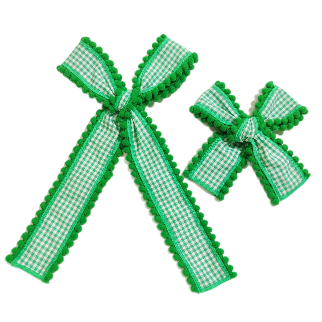 Green Pom Pom Plaid Long Tail Bows TIED With Clip