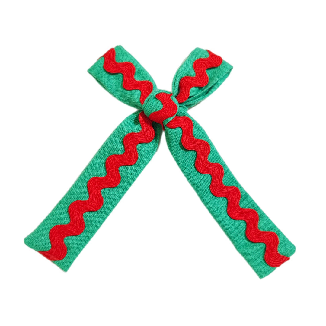 Green RED Ric Rac Long Tail Bows TIED With Clip