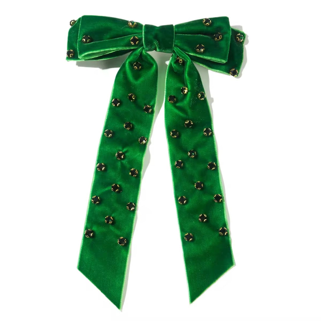 Green Rhinestone Ribbon Bow w/Clip