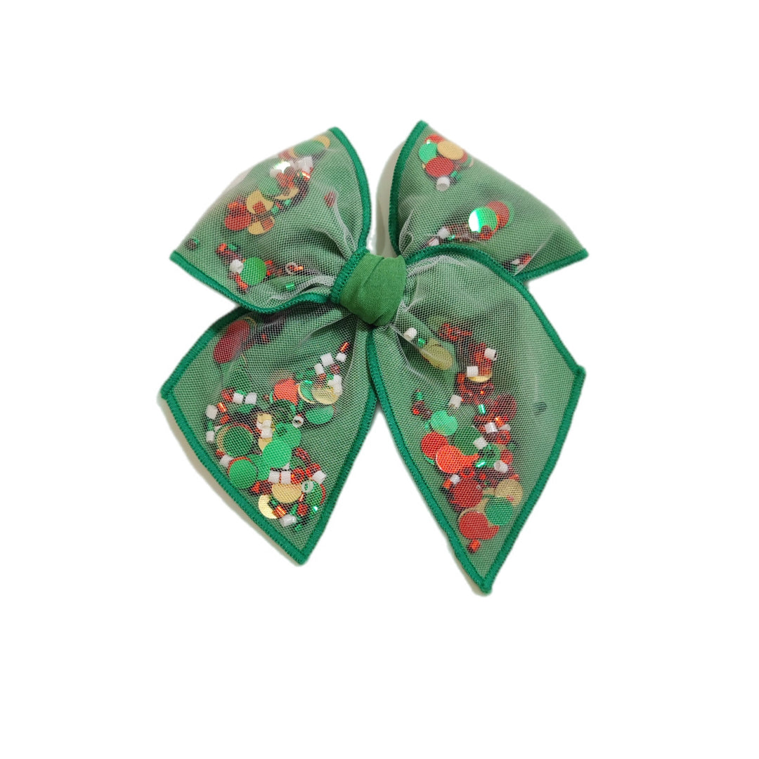 Green Sequin Pinwheel Hair Bow w/ Clip