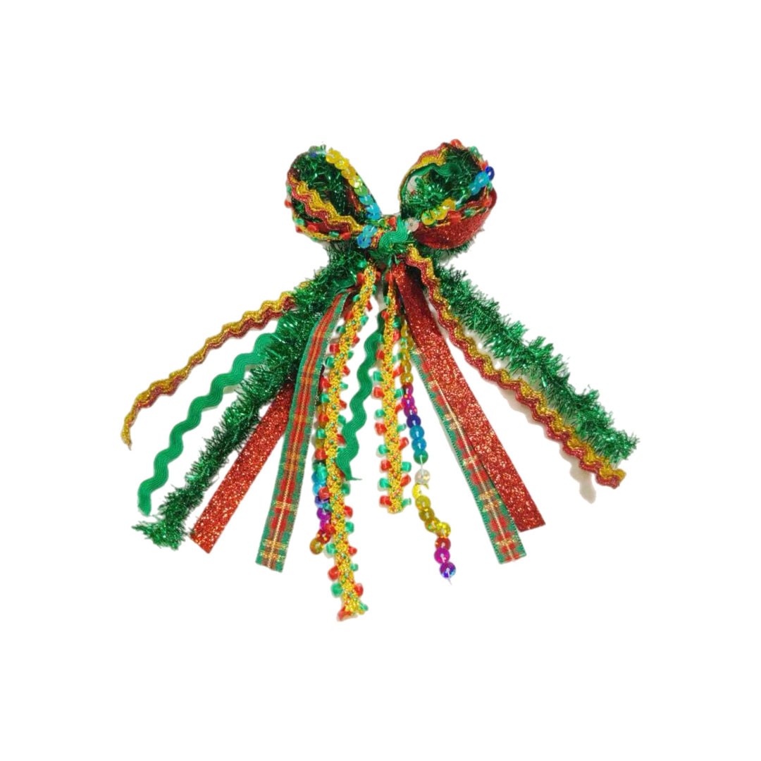 Green Tinsel Plaid Messy Ribbon Hair Bow Tied With Clip
