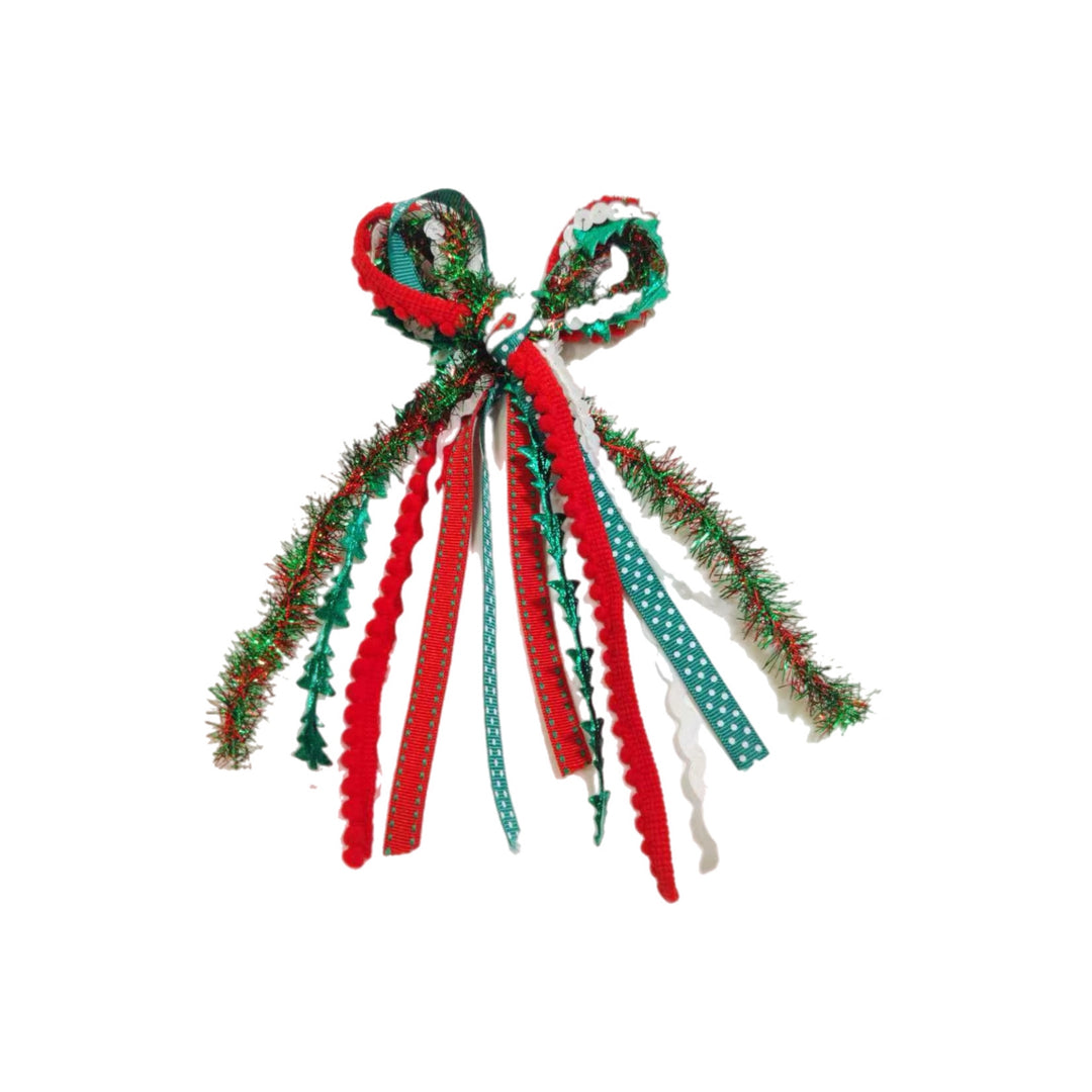 Green Tree Tinsel Messy Ribbon Hair Bow Tied With Clip