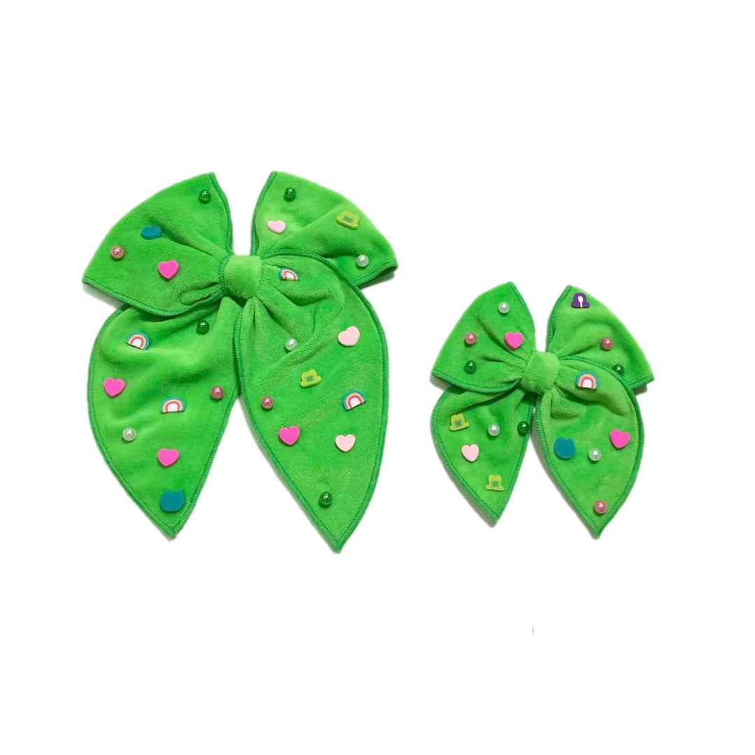 Green Velvet Lucky Charm Serged Edge Bow w Clip