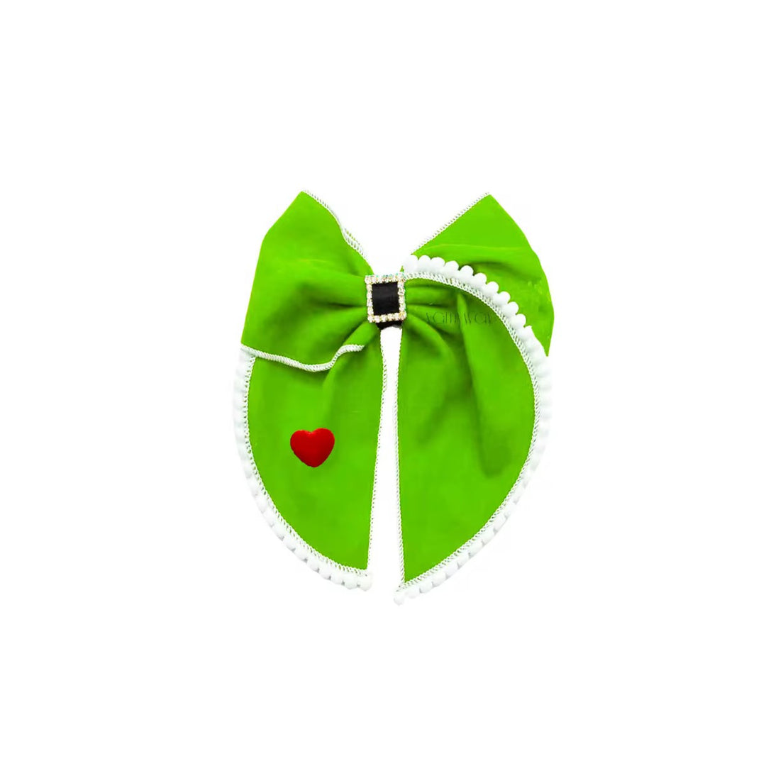 Green Velvet Santa Buckle & Heart Hair Bow w/Clip