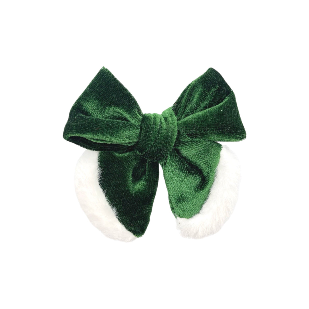 Green Winter Fur Trimmed Velvet Hair Bow - TIED RUTH