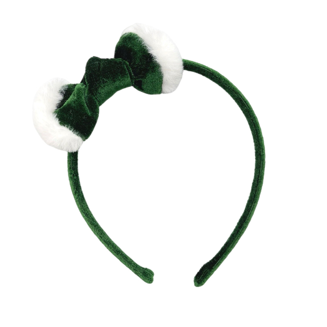 Green Winter Fur Trimmed Velvet Knotted Bow Headband