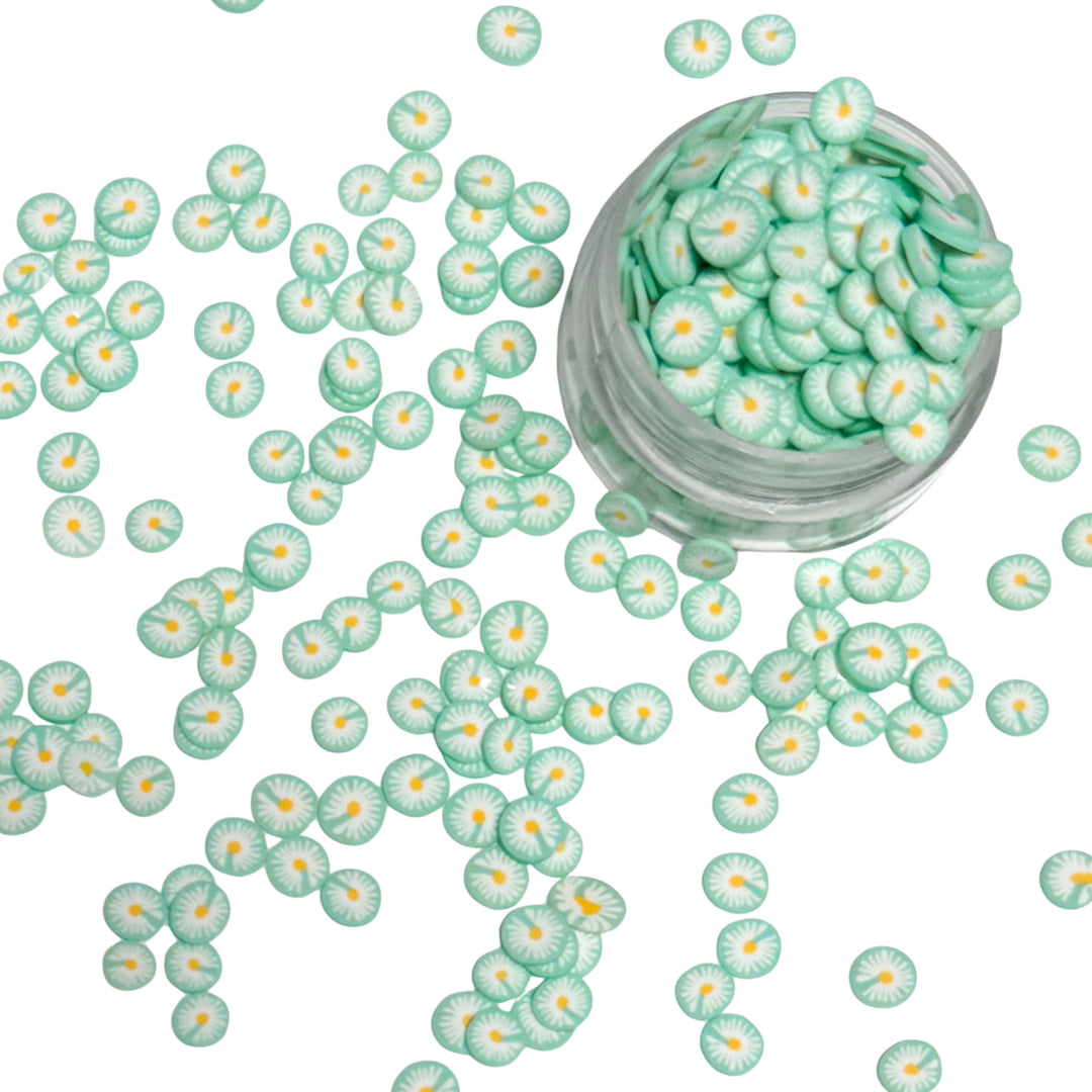 green daisy clay pieces

This loose clay mix is sold in a resealable 1OZ Bag

- Material: Polymer Clay and Glitter