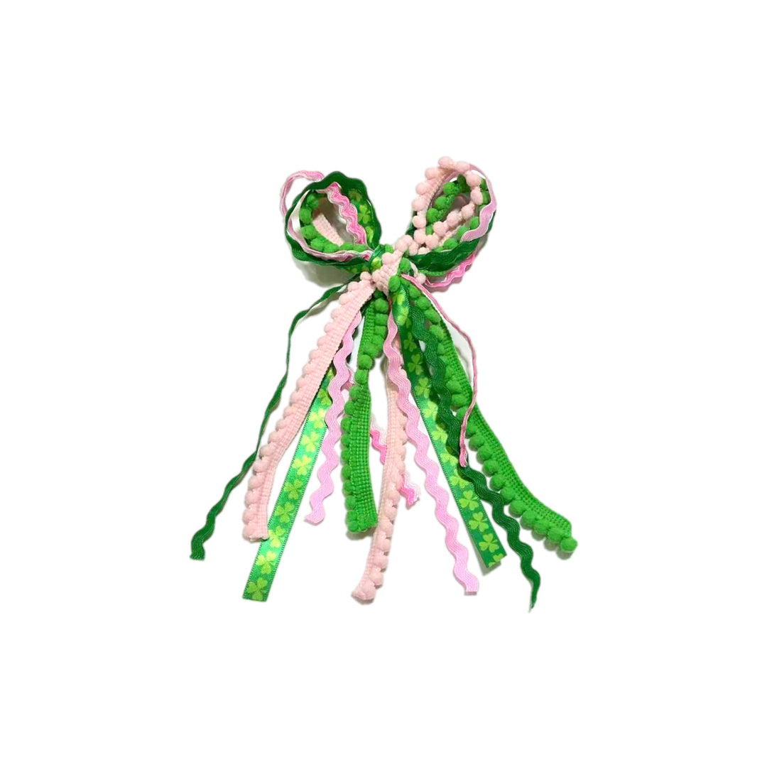 Green & Pink Lucky Messy Ribbon Hair Bow Tied With Clip