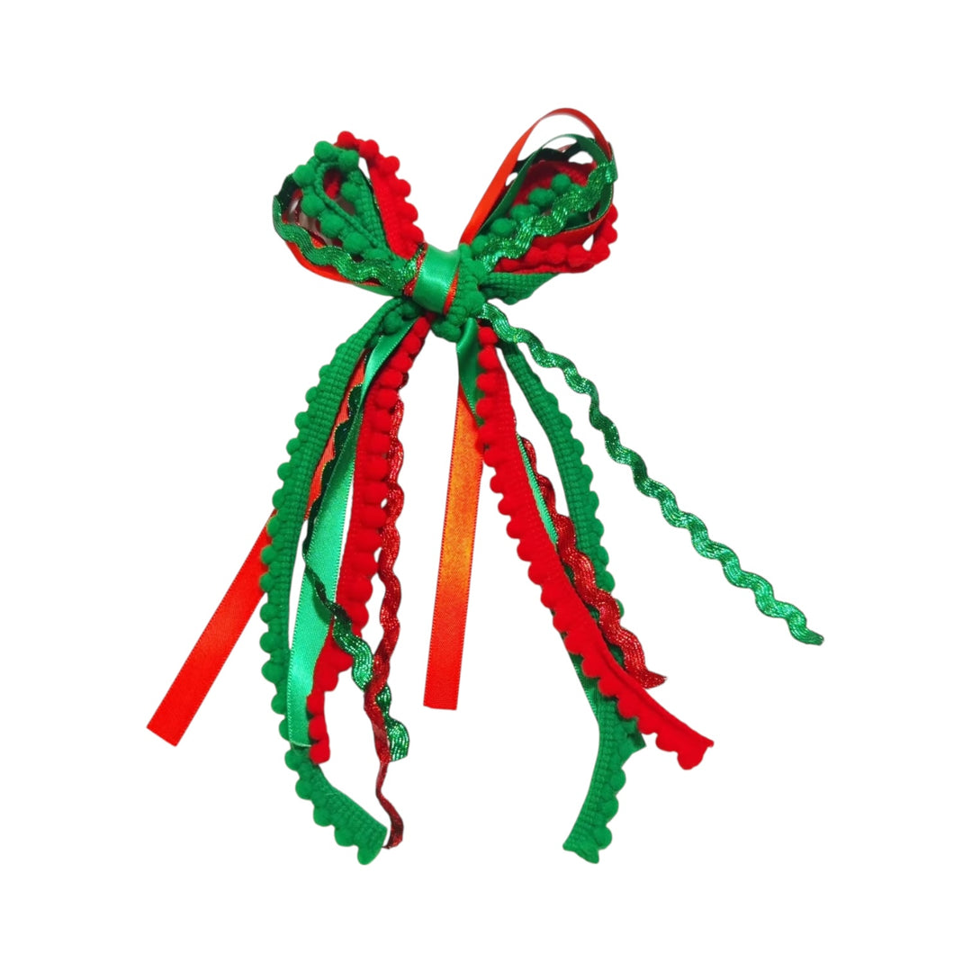 Green & Red Messy Ribbon Hair Tied Bow w/ Clip