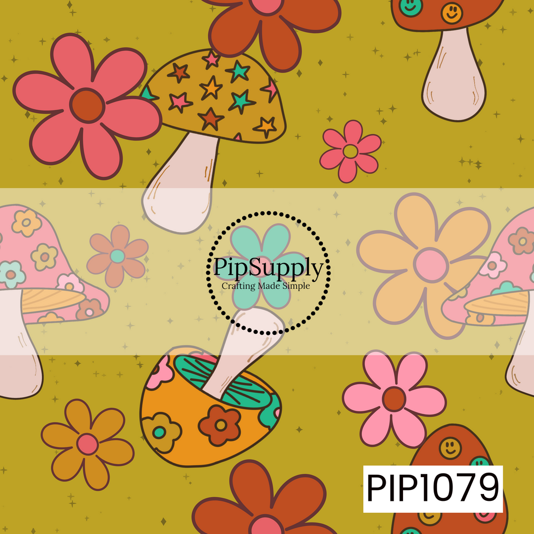 A whimsical retro pattern featuring colorful mushrooms, oversized daisy flowers, and tiny sparkles scattered across a warm olive green background. Rich shades of coral, mustard, pink, teal, orange, and cream create a cheerful vintage-inspired design with a fun, groovy woodland feel.
