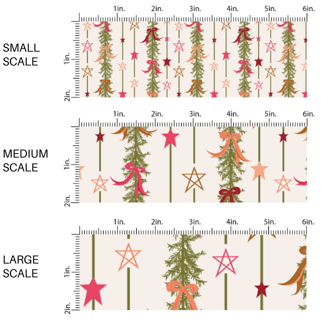 Cream fabric by the yard scaled image guide with green garlands, stars, and ribbons.