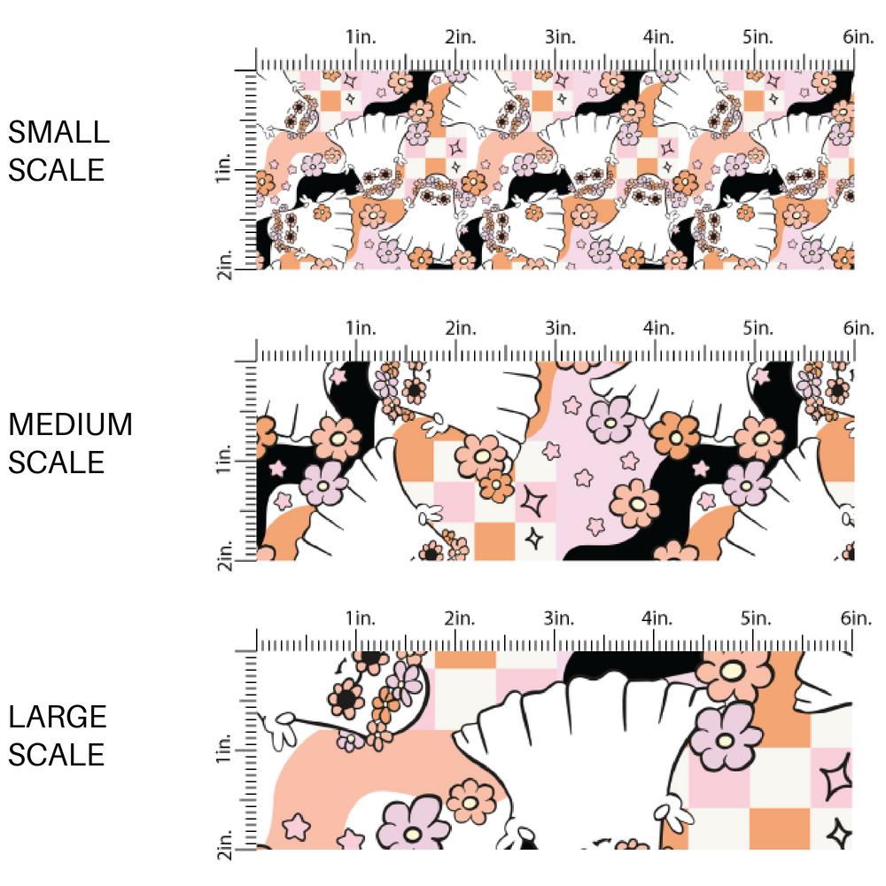 Pink and orange checkered fabric by the yard scaled image guide with florals and white groovy ghosts.