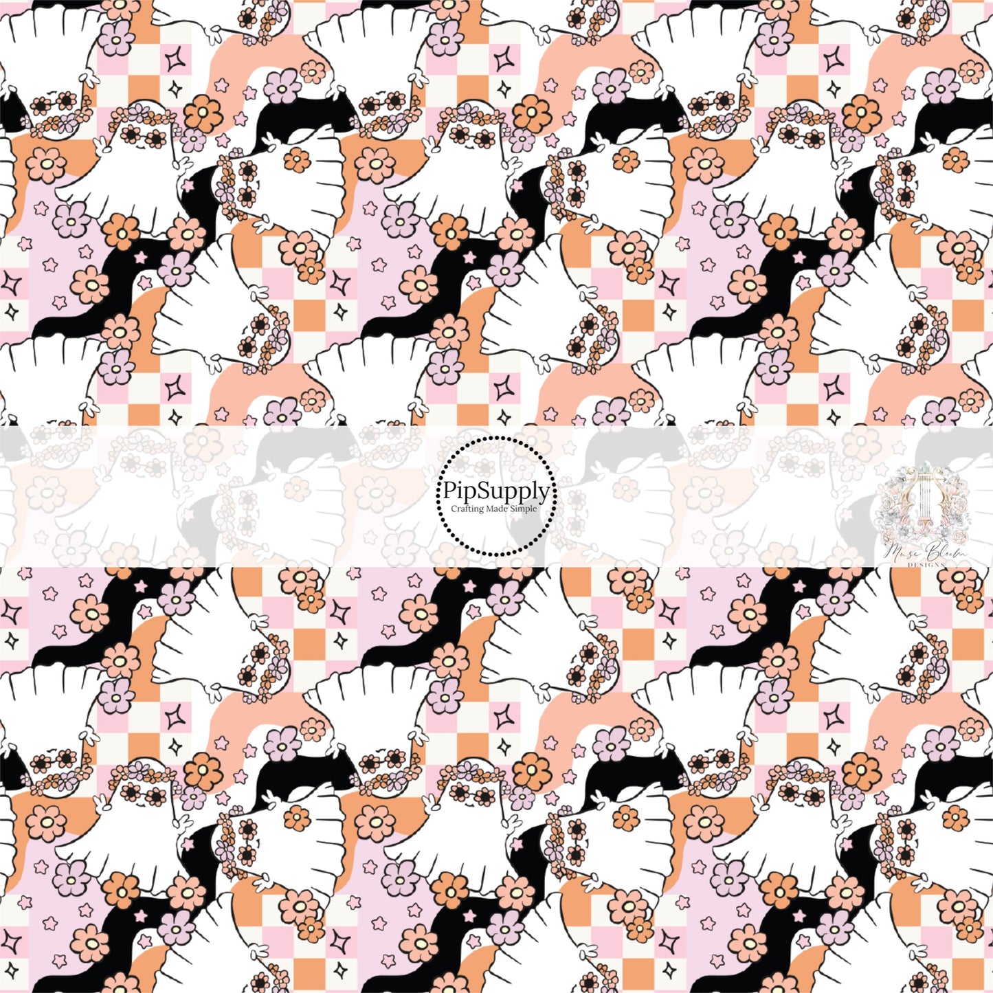 Pink and orange checkered fabric by the yard with florals and white groovy ghosts.