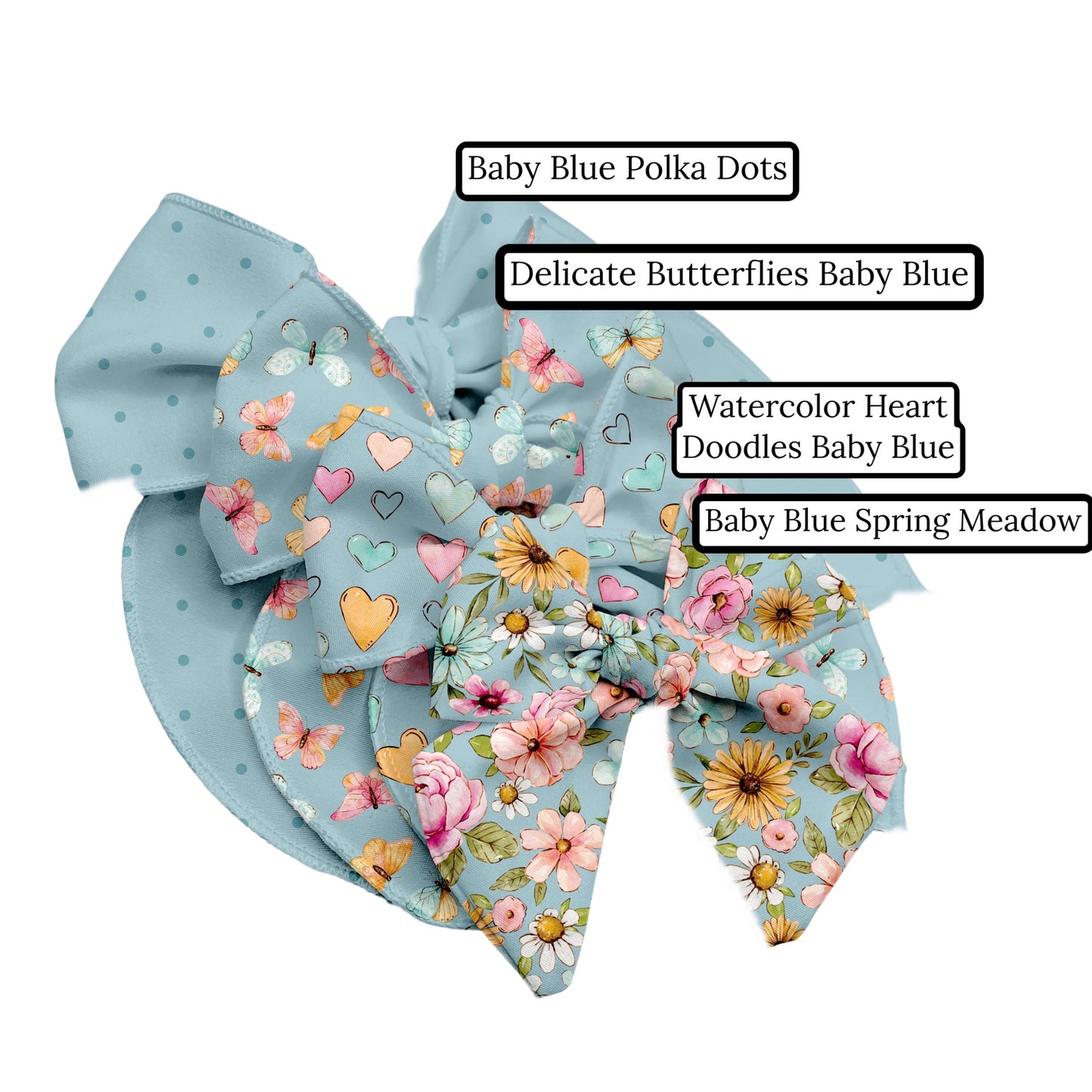 Watercolor Heart Doodles Baby Blue Hair Bow Strips