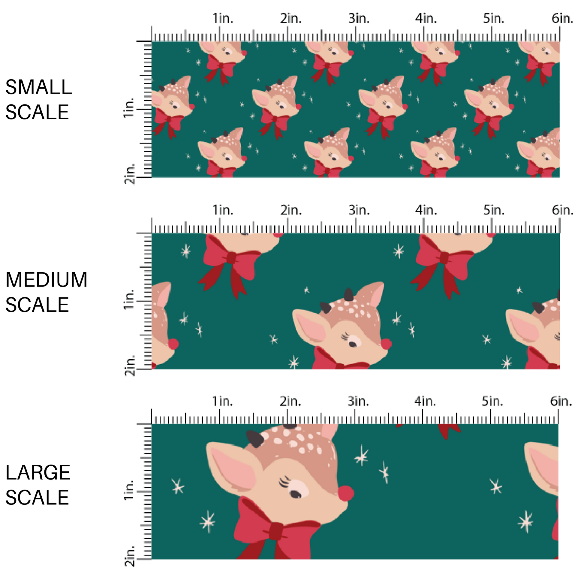 This scale chart of small scale, medium scale, and large scale of these holiday pattern themed fabric by the yard features reindeers with red bows on teal. This fun Christmas fabric can be used for all your sewing and crafting needs!