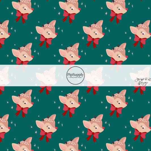 These holiday pattern themed fabric by the yard features reindeers with red bows on teal. This fun Christmas fabric can be used for all your sewing and crafting needs!