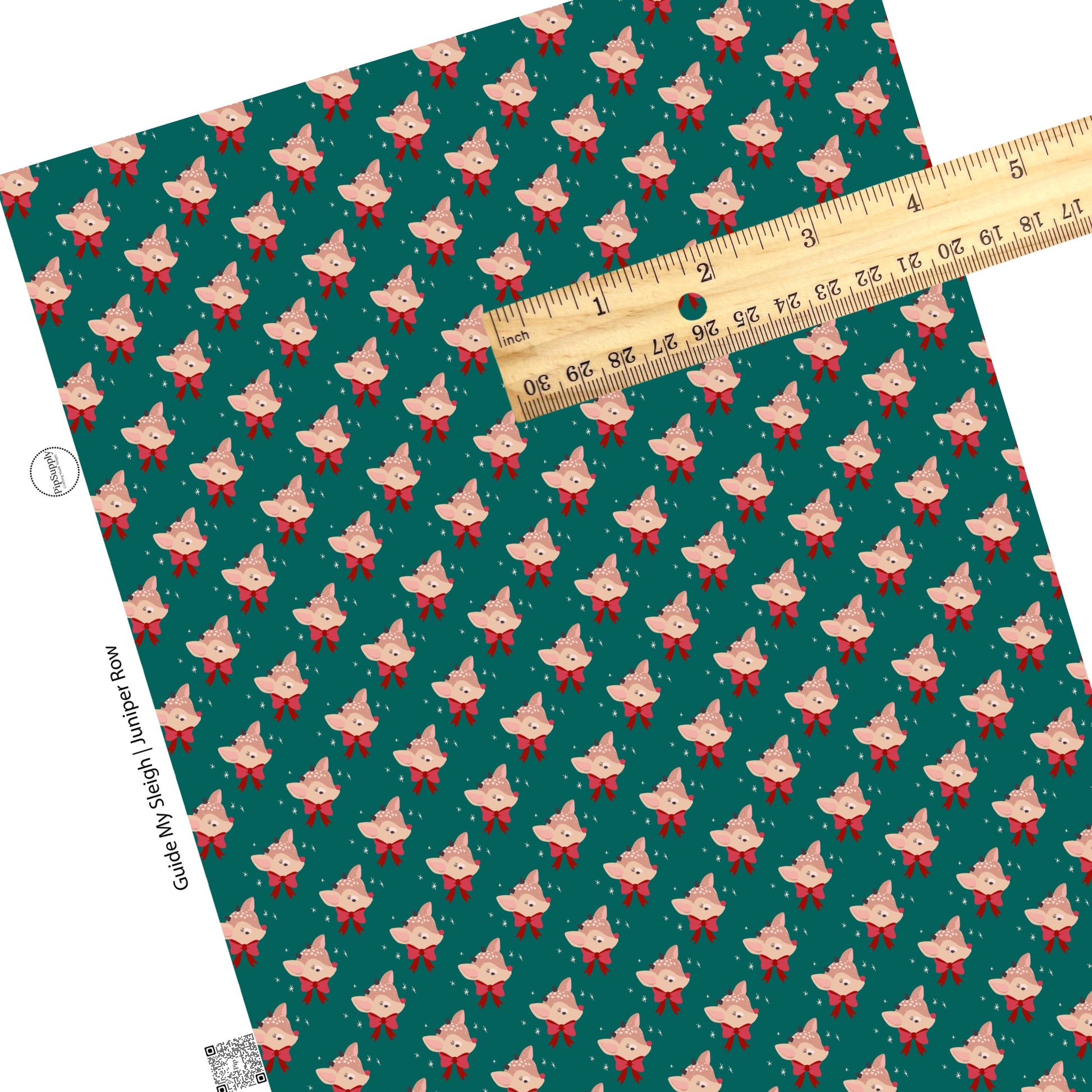 These holiday themed faux leather sheets contain the following design elements: reindeers with red bows on teal. Our CPSIA compliant faux leather sheets or rolls can be used for all types of crafting projects.