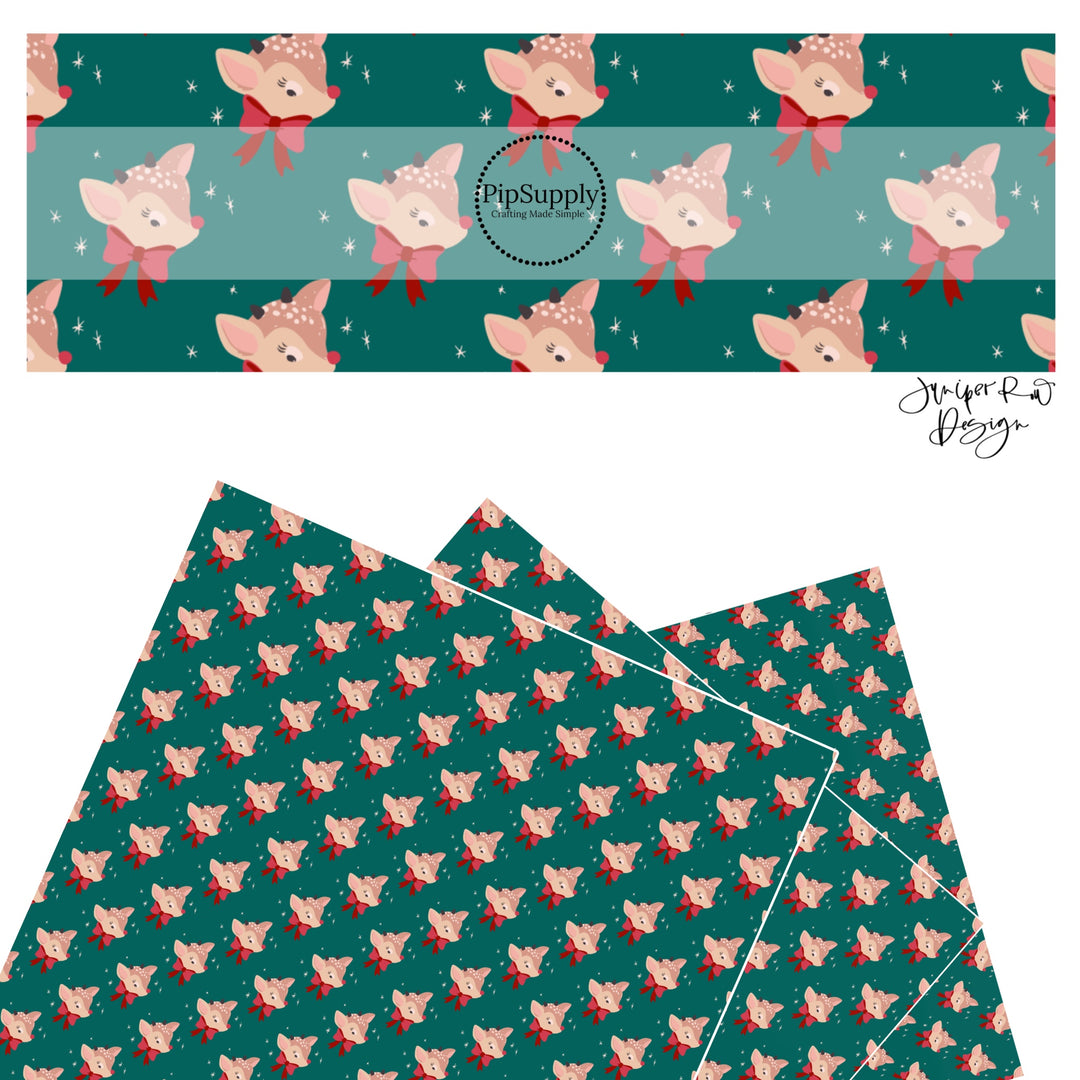 These holiday themed faux leather sheets contain the following design elements: reindeers with red bows on teal. Our CPSIA compliant faux leather sheets or rolls can be used for all types of crafting projects.