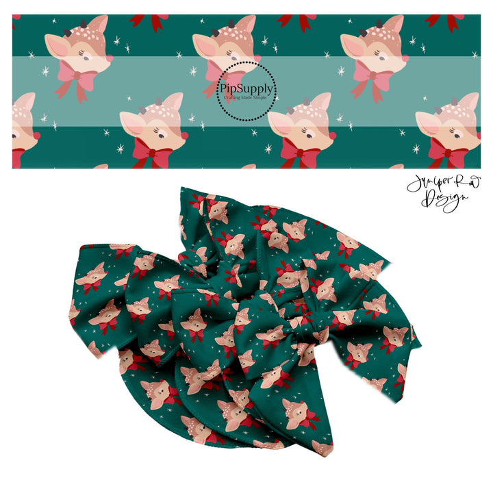 These holiday pattern themed no sew bow strips can be easily tied and attached to a clip for a finished hair bow. These Christmas bow strips are great for personal use or to sell. The bow strips features features tiny stars on Christmas trees on teal.