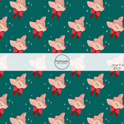 These holiday pattern themed no sew bow strips can be easily tied and attached to a clip for a finished hair bow. These Christmas bow strips are great for personal use or to sell. The bow strips features features tiny stars on Christmas trees on teal.