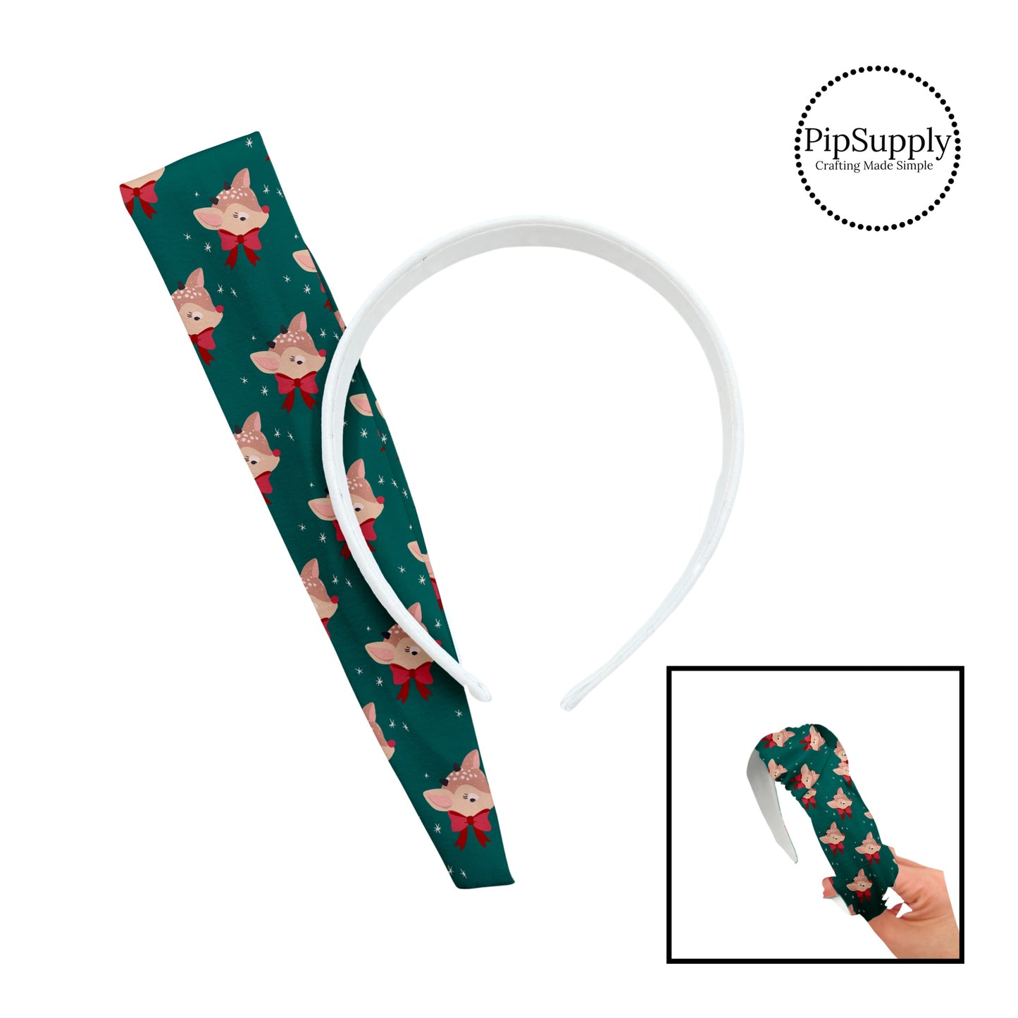 These holiday pattern themed teal headband kits are easy to assemble and come with everything you need to make your own knotted headband. These fun Christmas kits include a custom printed and sewn fabric strip and a coordinating velvet headband. The headband kits features reindeers with red bows on teal.