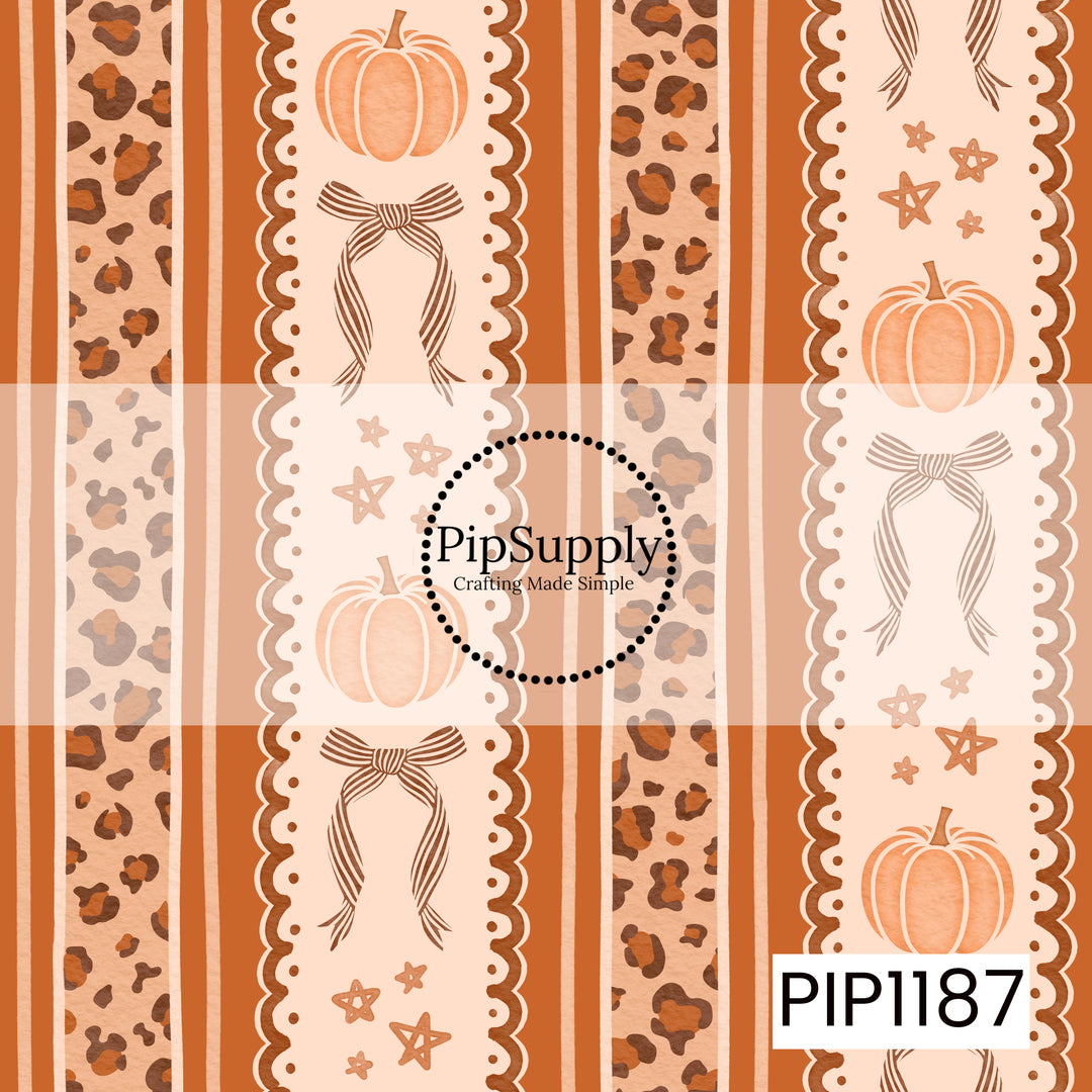 A warm and whimsical fall stripe featuring soft watercolor pumpkins, delicate hand-drawn ribbon bows, scattered stars, scalloped lace-inspired borders, and coordinating leopard print. Shades of burnt orange, peach, cream, and chocolate brown give the design a cozy autumn feel.
