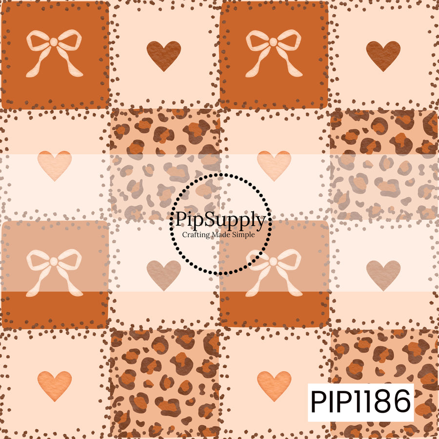 A warm, hand-drawn patchwork design featuring alternating squares of delicate bows, simple hearts, and classic leopard print. Soft cream and peach backgrounds are paired with rich rust orange and chocolate brown tones, finished with imperfect dotted borders for a cozy, whimsical look.
