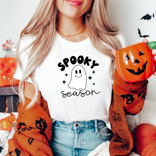 Animated ghost and the phrase "Spooky Season" iron on heat transfer.