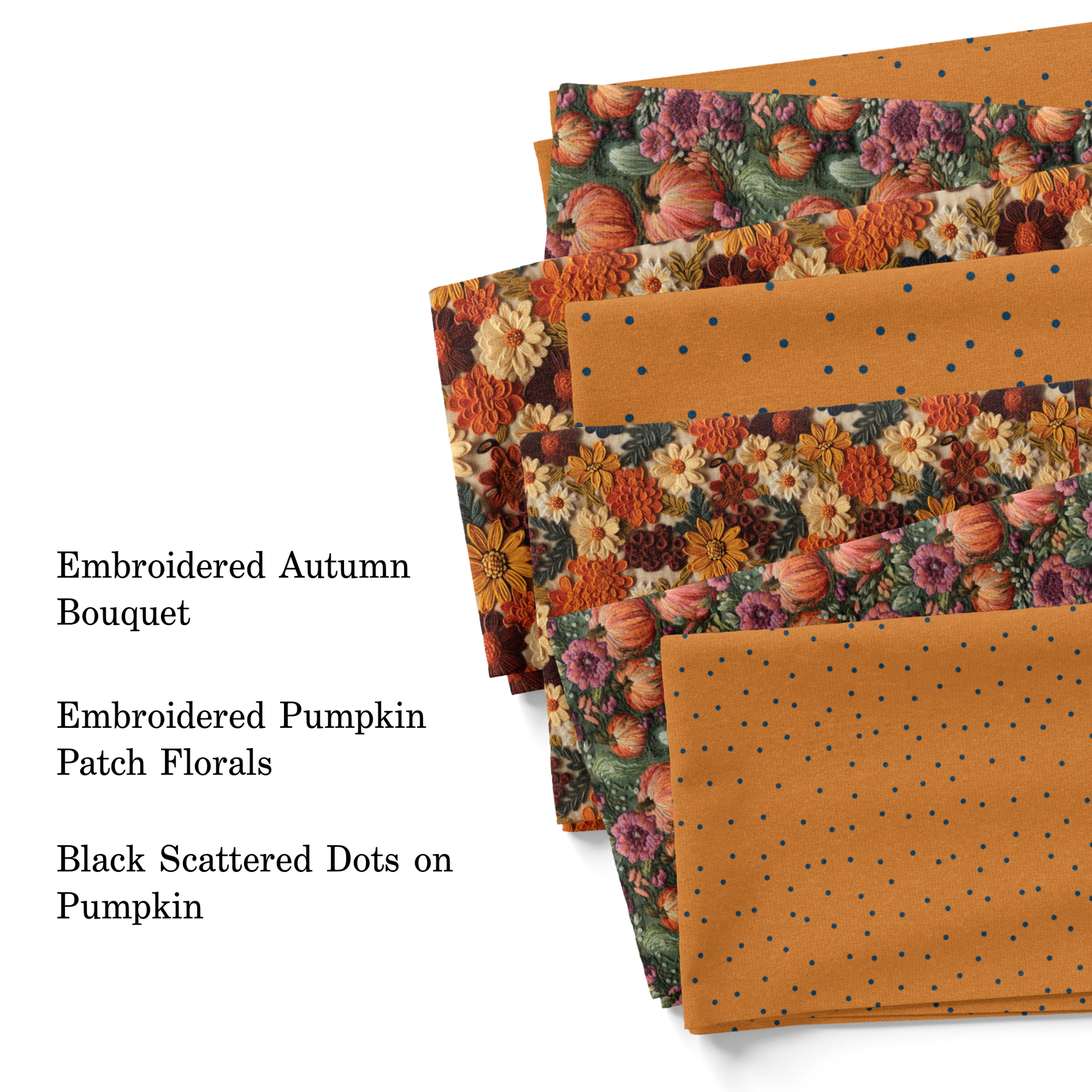 Vivie and  Ash Patterns Pumpkin and Floral Fabric swatches.