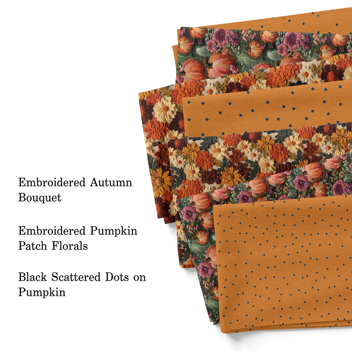 Vivie and Ash embroidered pumpkins and floral fabric swatches.