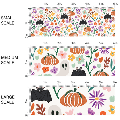 Black bats, ghosts, colorful florals, and pumpkins on white fabric by the yard scaled image guide.