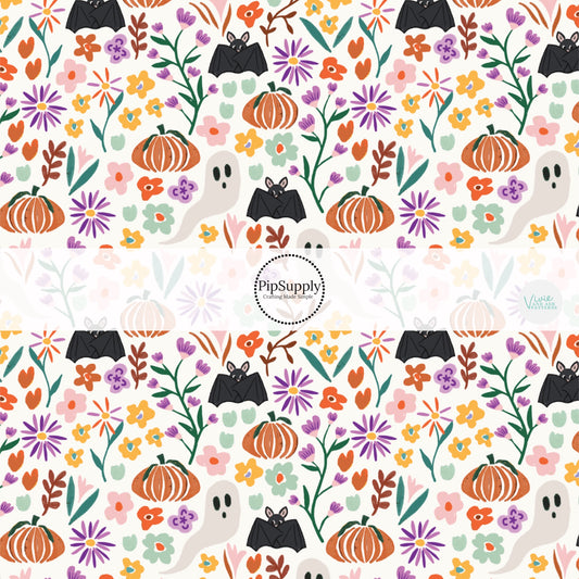Black bats, ghosts, colorful florals, and pumpkins on white fabric by the yard.