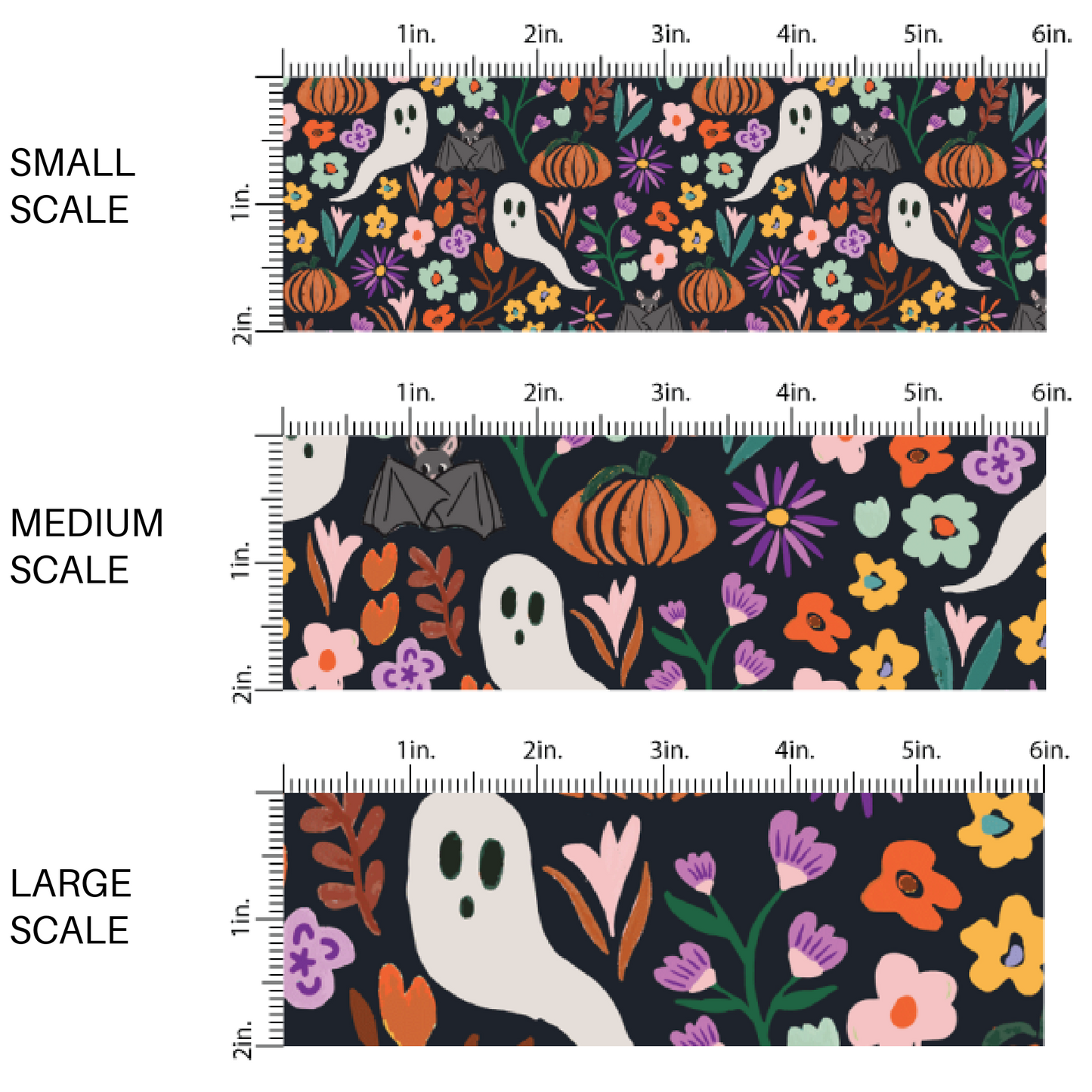Black bats, ghosts, colorful florals, and pumpkins on black fabric by the yard scaled image guide.