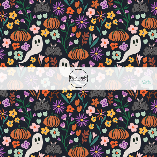 Black bats, ghosts, colorful florals, and pumpkins on black fabric by the yard.