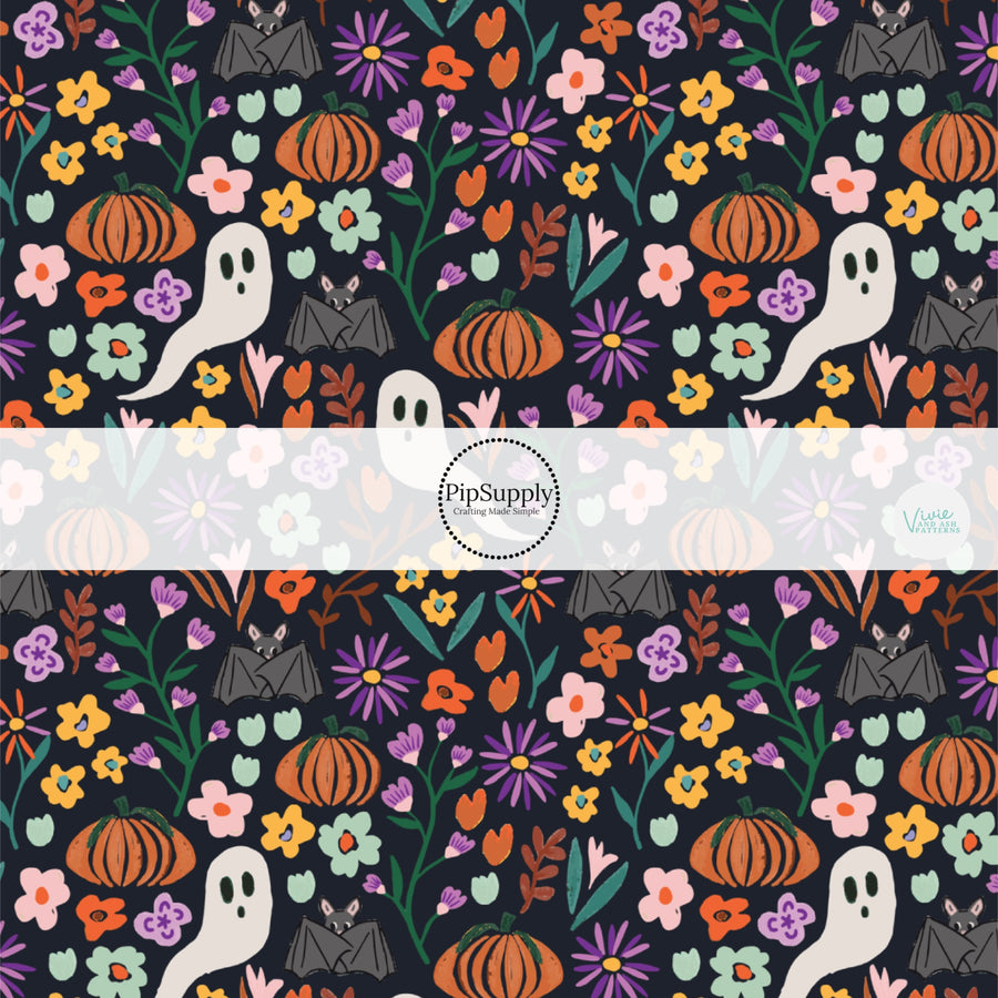 Black bats, ghosts, colorful florals, and pumpkins on black fabric by the yard.