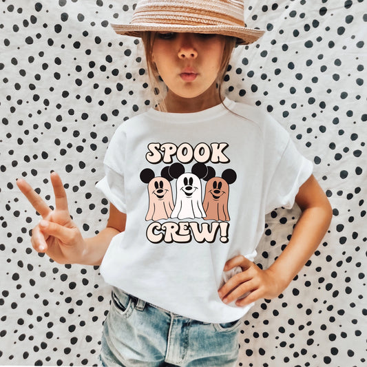 Mouse ear ghost iron on heat transfer that says "Spook Crew".