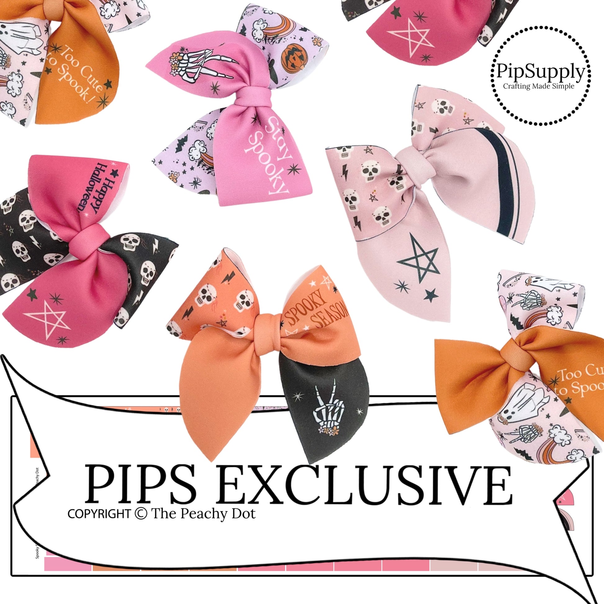 Pink and Orange halloween skeletons and rainbows printed on neoprene as a sailor bow template