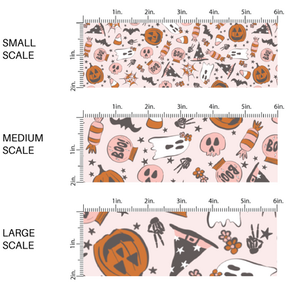 This scale chart of small scale, medium scale, and large scale of these Halloween themed light pink fabric by the yard features pumpkins, spiderwebs, ghosts, bats, skulls, candy, and tiny stars on pastel pink. This fun spooky themed fabric can be used for all your sewing and crafting needs! 