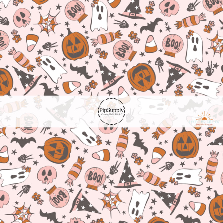 These Halloween themed light pink no sew bow strips can be easily tied and attached to a clip for a finished hair bow. These fun spooky bow strips are great for personal use or to sell. The bow stripes features pumpkins, spiderwebs, ghosts, bats, skulls, candy, and tiny stars on pastel pink. 