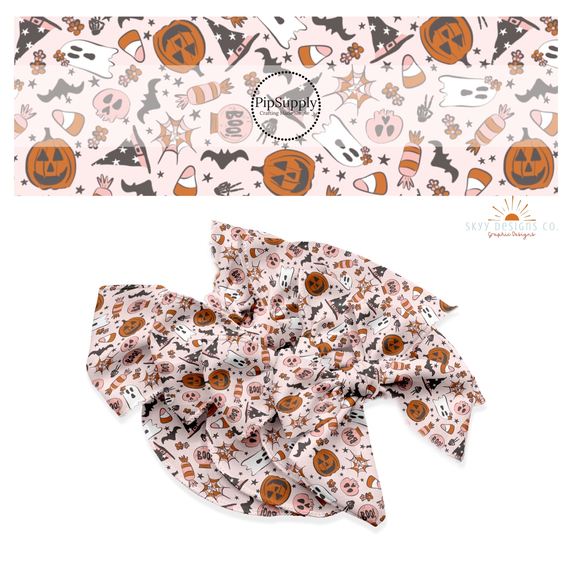 These Halloween themed light pink no sew bow strips can be easily tied and attached to a clip for a finished hair bow. These fun spooky bow strips are great for personal use or to sell. The bow stripes features pumpkins, spiderwebs, ghosts, bats, skulls, candy, and tiny stars on pastel pink. 