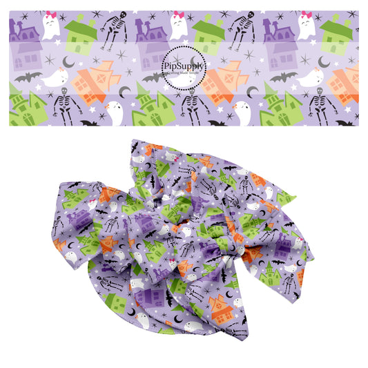 These Halloween themed light purple no sew bow strips can be easily tied and attached to a clip for a finished hair bow. These fun spooky bow strips are great for personal use or to sell. The bow stripes features haunted house, moons, tiny stars, ghost, and skeletons on pastel purple. 