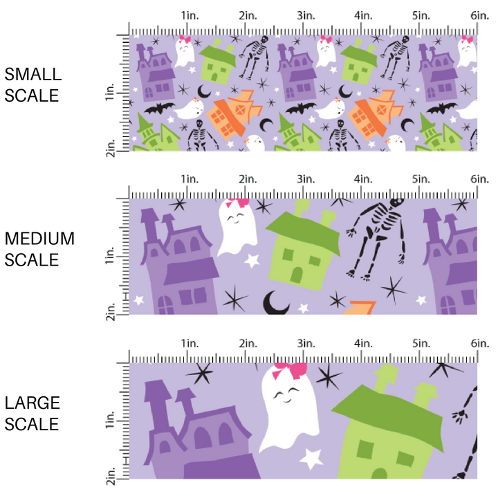 This scale chart of small scale, medium scale, and large scale of these Halloween themed light purple fabric by the yard features haunted house, moons, tiny stars, ghost, and skeletons on pastel purple. This fun spooky themed fabric can be used for all your sewing and crafting needs! 